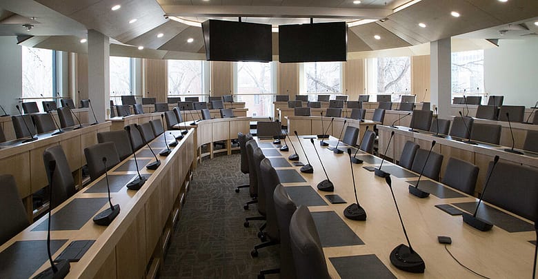 Microphones on tables in council chambers