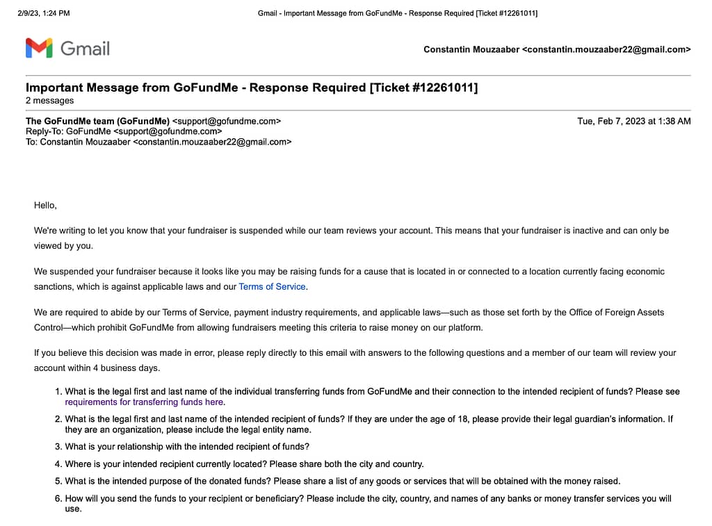 Screenshot of emails with GoFundMe